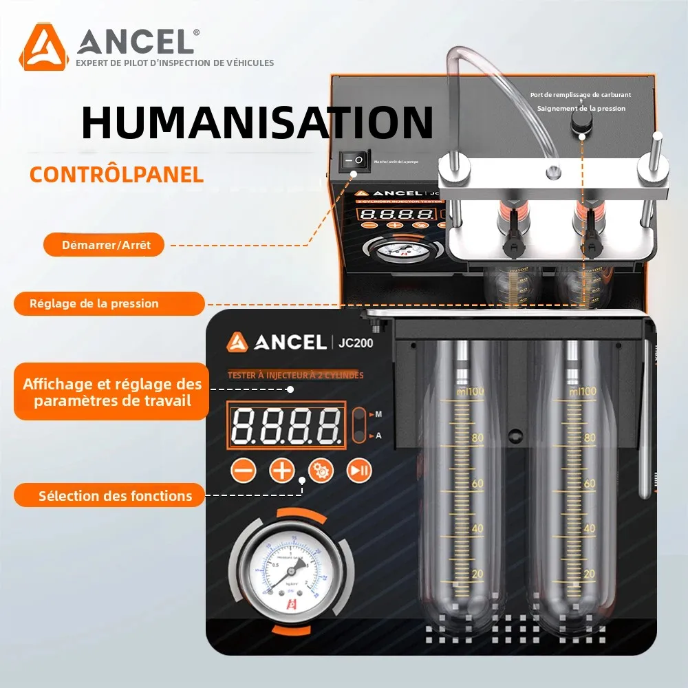 Machine de nettoyage d'injecteurs double canal, outil de nettoyage et de test d'injecteurs ANCEL JC200 avec pompe à air intégrée pour voitures et motos 12V