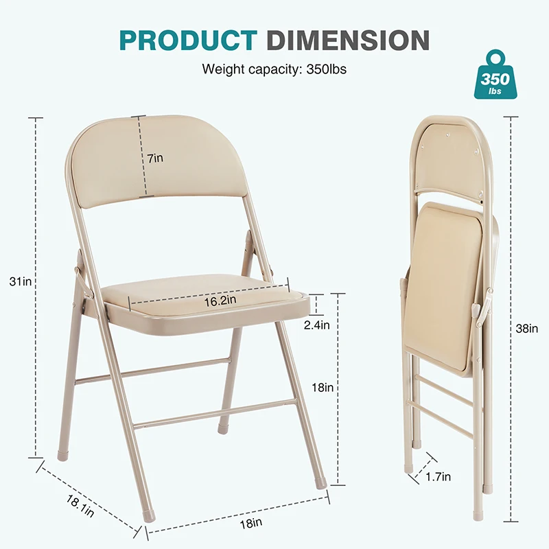 Folding Chair 2 Pack, Leather Padded Folding Chairs, Sturdy Metal Foldable Chairs, for Home, Office, Party, khaki 4 Pack  On-Sit