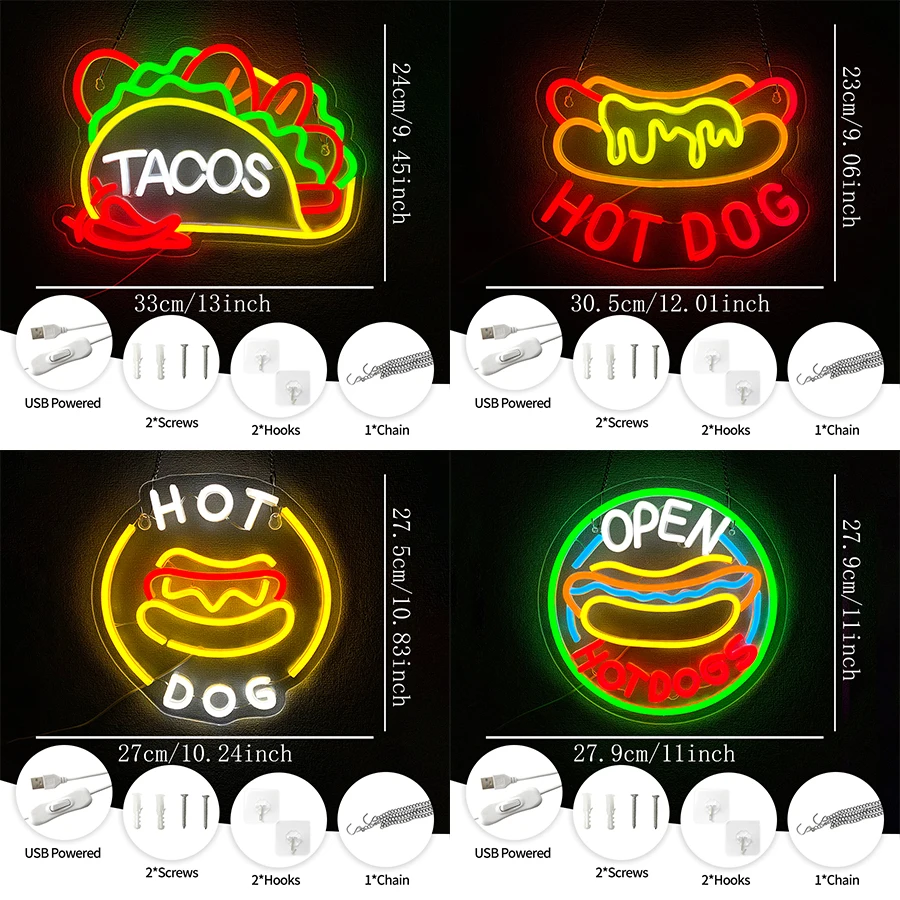 Hot Dog Led Neon Sign, Luminous Icon Of Food Business, Artistic Decor Of Fast Food Restaurant And Shop Window, Usb Powered.