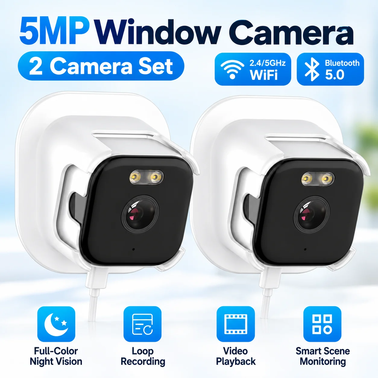 Indoor Window IP Camera 5MP Starlight Color Night Vision 2.4G/5G WiFi Two Way Audio Bluetooth SD Card Security Motion Detection