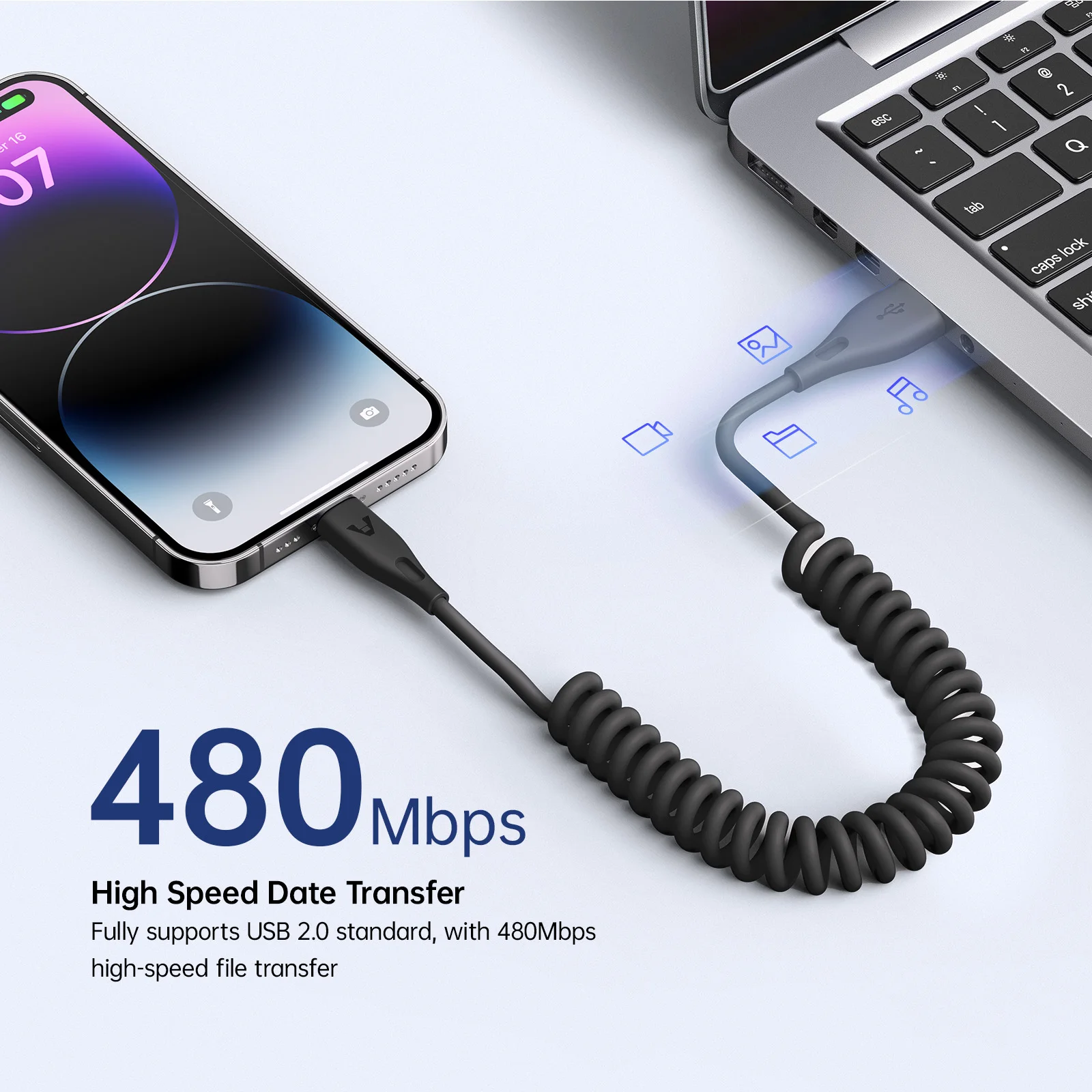 [MFi-zertifiziert] Spiralkabel für iPhone – 3 Fuß 2,4 A Schnellladung, einziehbares USB-Kabel für CarPlay und Reisen (schwarz)