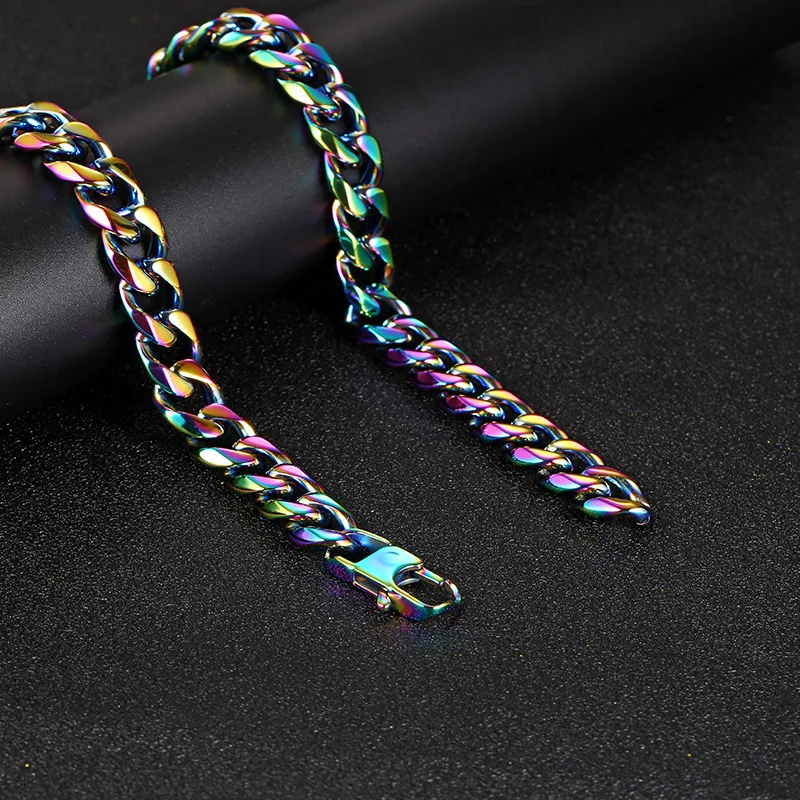 12mm 316L Stainless Steel Colorful Rainbow Miami Cuban Chain Necklace Polishing  Vintage Luxury Jewelry Unisex Neck Links Gift
