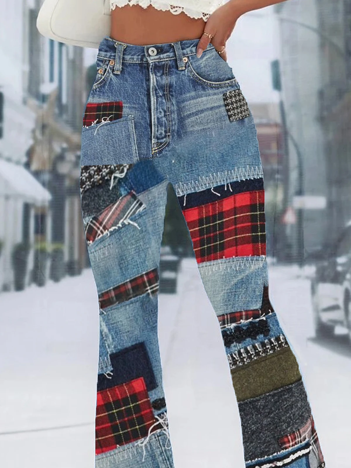 Y2k High Waisted Flare Pants Wide Leg Women Trousers Elastic Casual Streetwear Plaid Patchwork Sweatpants Bottoms