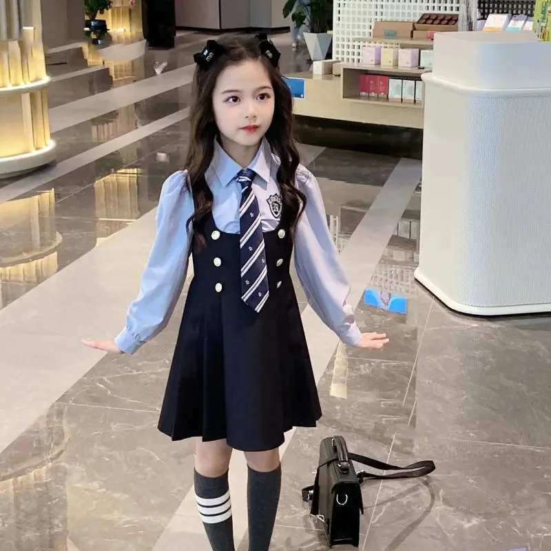 Spring/Autumn New Teens Girls Cloth Jk Uniform Long Sleeve Bow White Blouse Shirt + Vest Dress Skirt 2pcs Children Set School