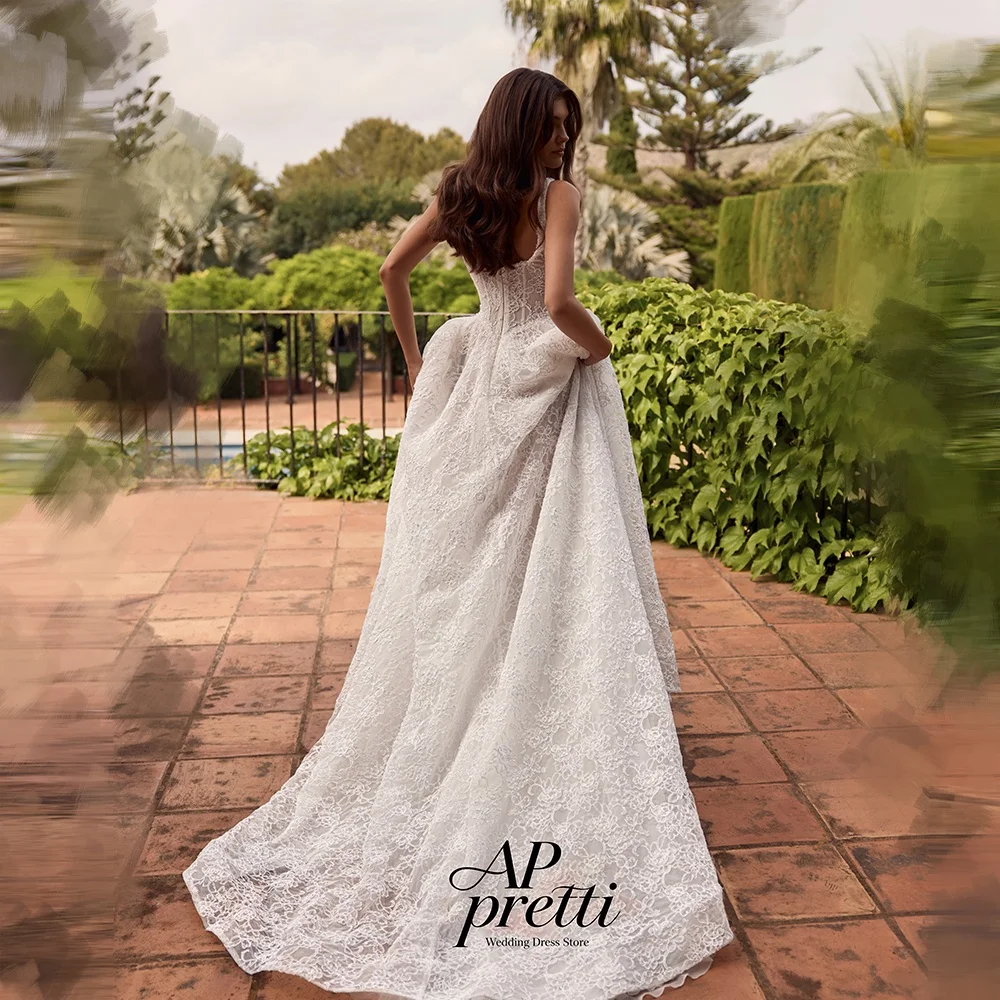 AP pretti Luxury Lace Wedding Dresses Square Neck Customized Sleeveless Sweep Train A-line Bridal Gown Vestidos Novias Boda