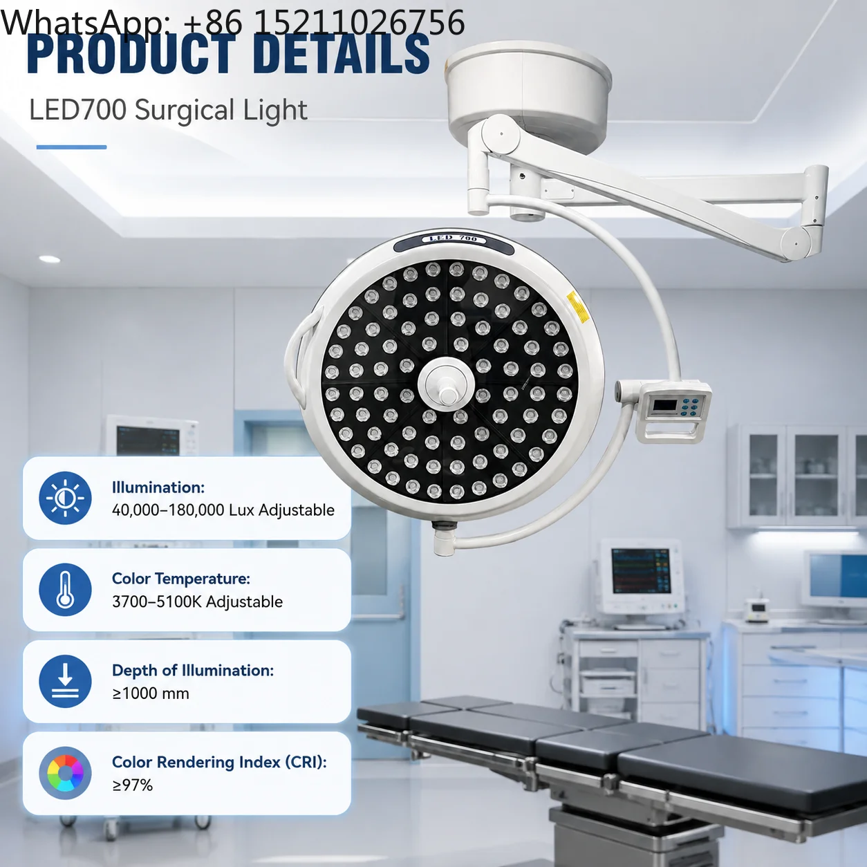 LED700 Ceiling Mounted Surgical Lamp 180000 Lux Single Head LED Operation Theatre Light for Hospital