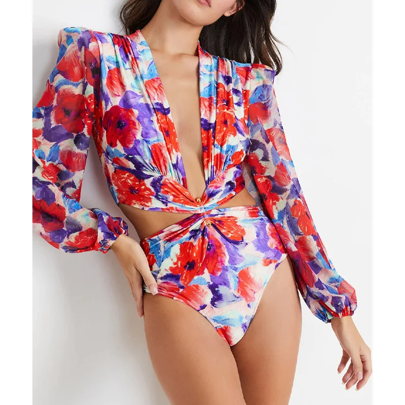 

2024 New One-piece Swimsuit Feminine Cutout Long Sleeve Printed Swimsuit Female