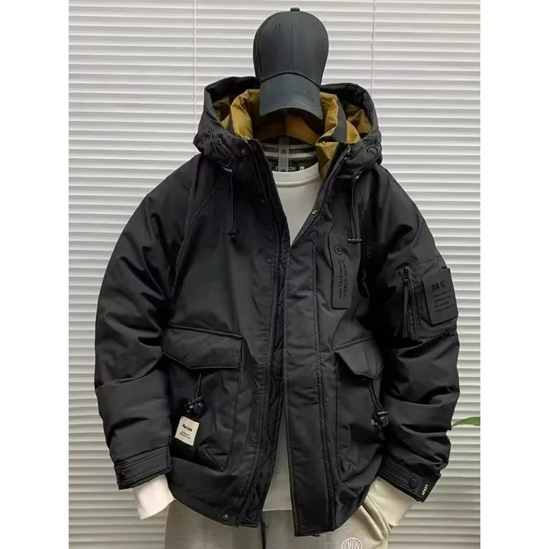 Men's Workwear Fashion Hooded White Down Jacket Winter Thickened Warm Casual Loose Over Jacket Fashion Personality Cool
