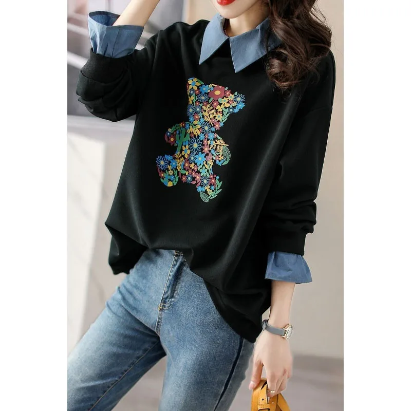 Autumn Simplicity All-match Polo-Neck Printed Sweatshirts Women's Clothing Fashion Loose Long Sleeve Pullovers Tops for Female