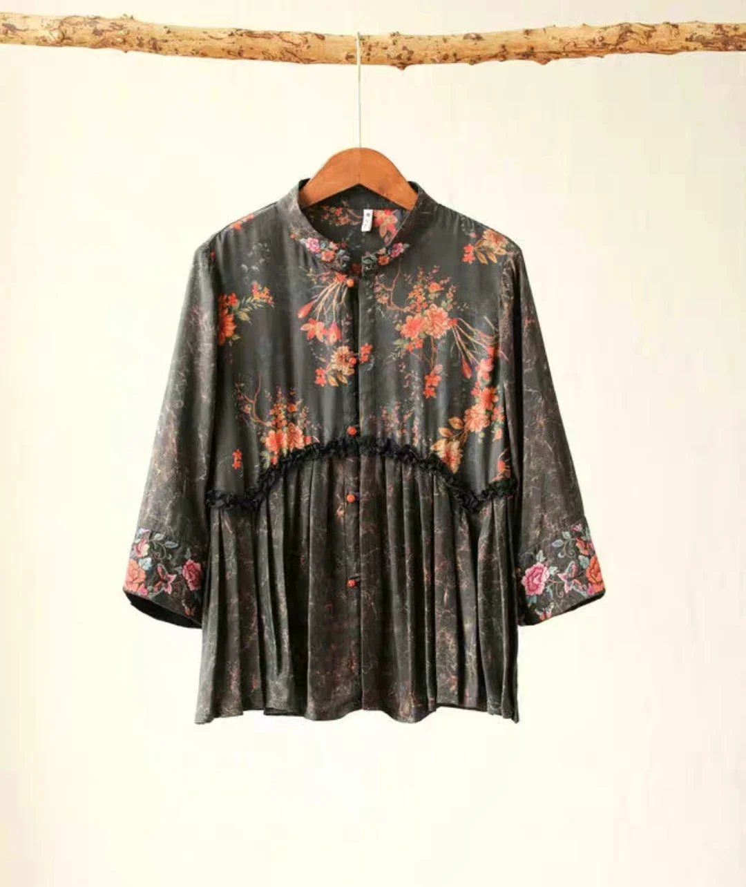 

Natural silk embroidery blouses national style stand collar summer tops Vintage AB surface print Women's shirt high quality