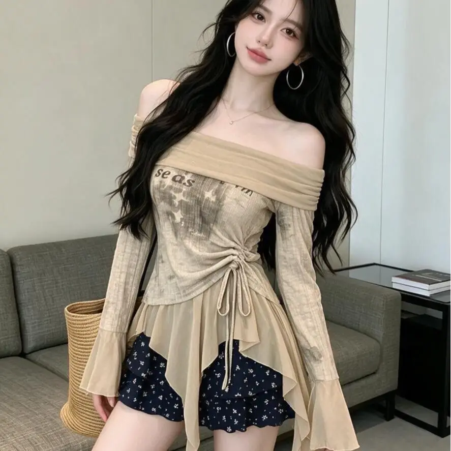 Slimming Tie Dye Shoulder Bared Bell Sleeve Asymmetrical Drawstring T Shirt Retro Hong Kong Style Sexy Girl Straight Cut Poly...