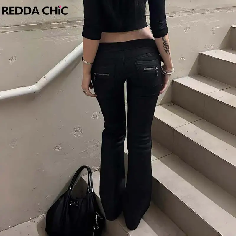 REDDACHiC Vintage Black Tight Jeans for Women Grunge Double-belt Low Waist Stretchy Bootcut Denim Leggings Hotties Streetwear