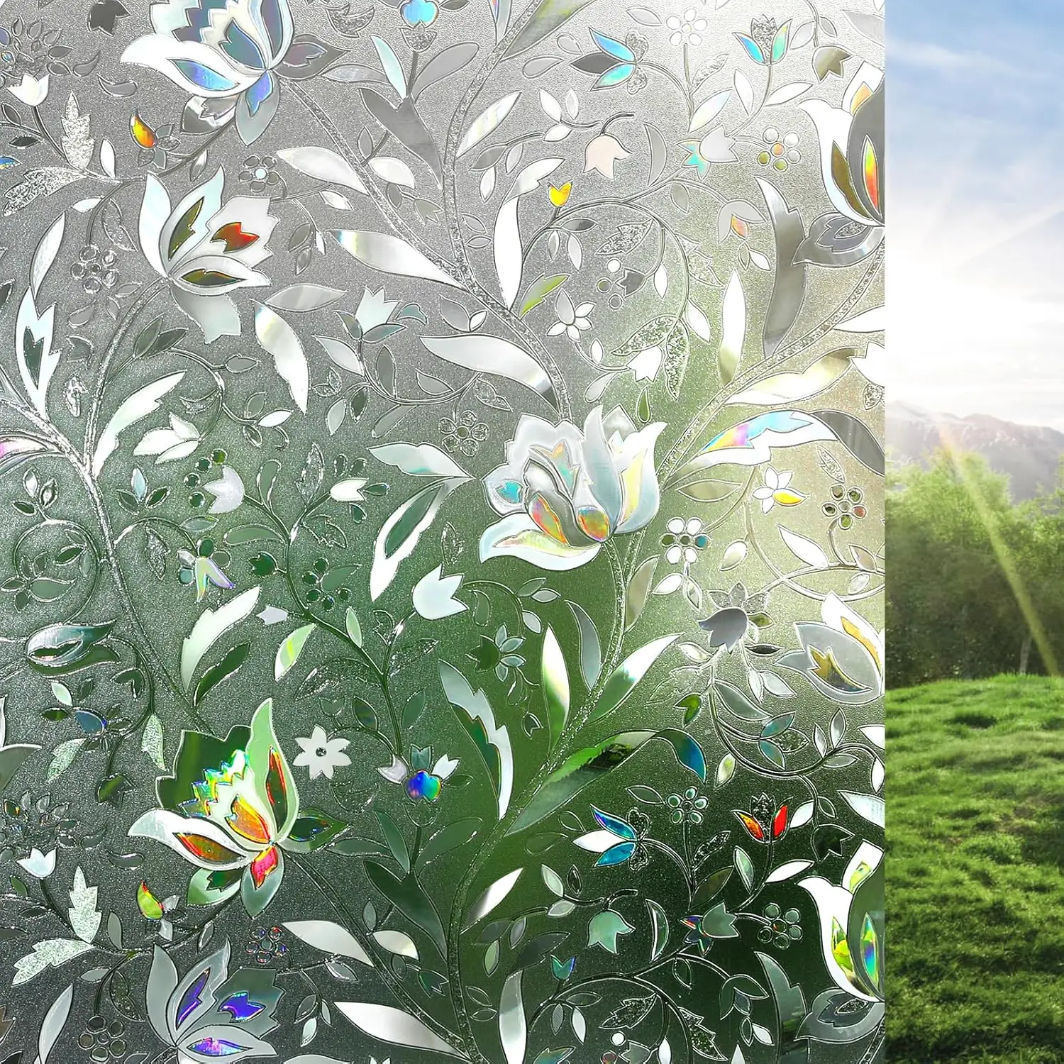 

Stained Glass Window Privacy Film, Sun Blocking Static Cling, Rainbow Tulip 17.5" x 78.7"