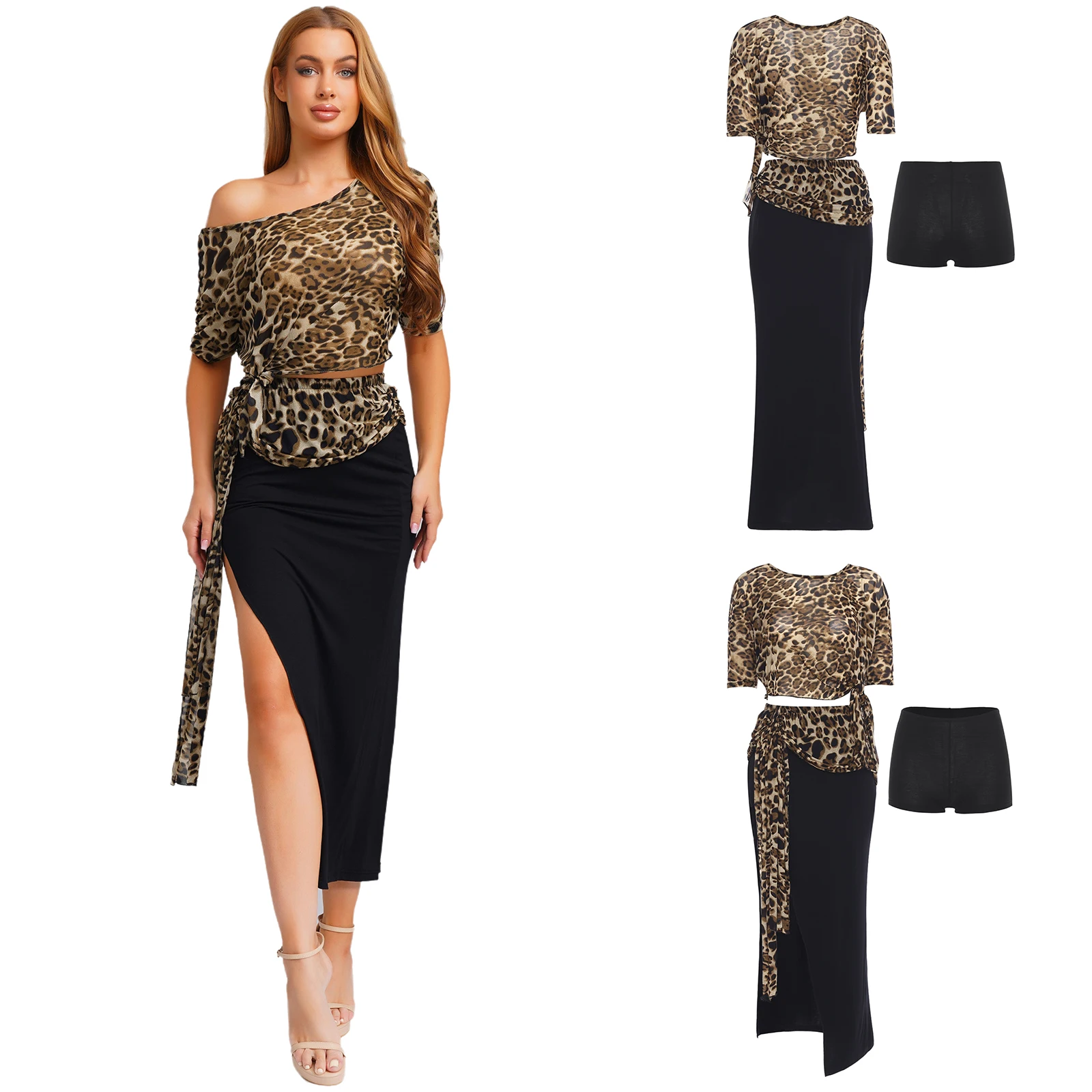 

Women Jazz Rumba Dance Outfit Irregualr Crop Tops High Slit Skirt and Safety Shorts 3-piece Leopard Print Dance Stage Costumes