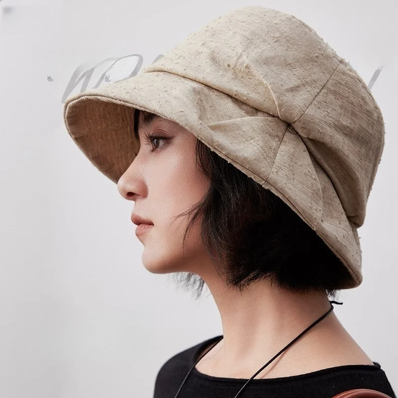 Linen and cotton soft pleated fisherman's hat breathable solid color women's
