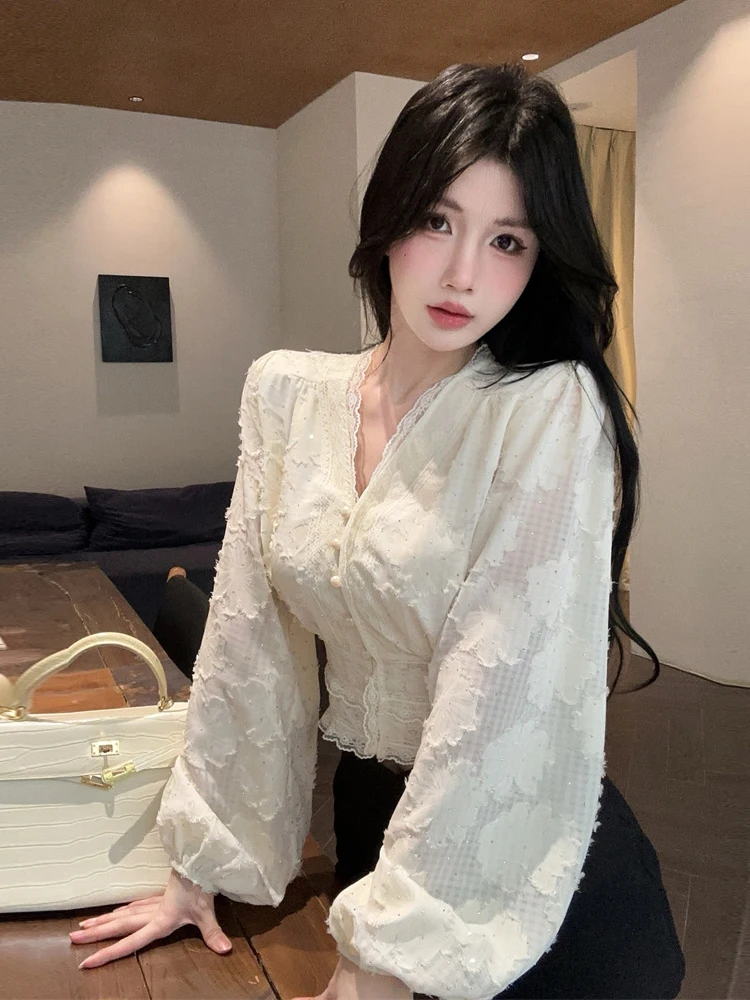 

Autumn Lace Embroidery Floral V-neck Chiffon Blouse White Niche Elastic-waist Puff-sleeve Tops Women's Elegant Black Office Work