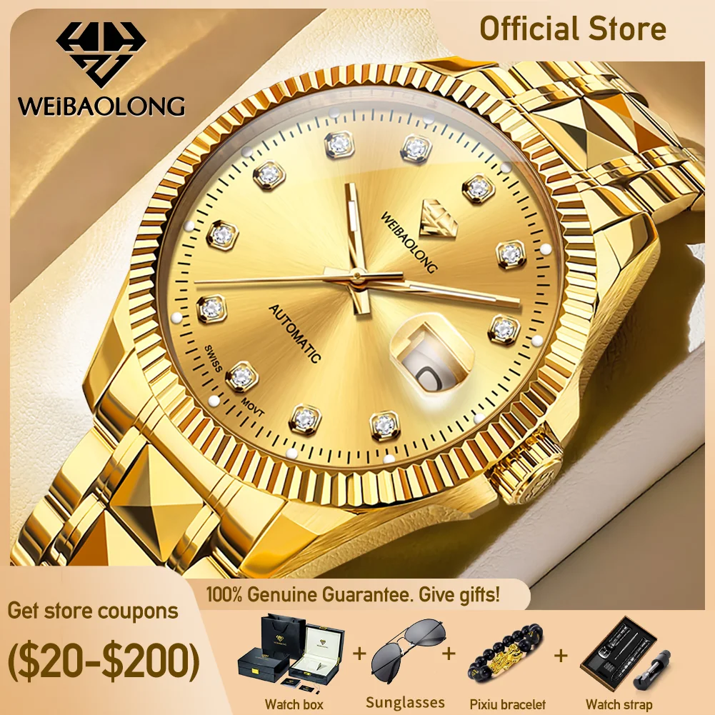 WEiBAOLONG 3802 Man Watch Swiss Movement Mechanical Watch Real Diamond Automatic Men's Watch Night light Function Watch for Men