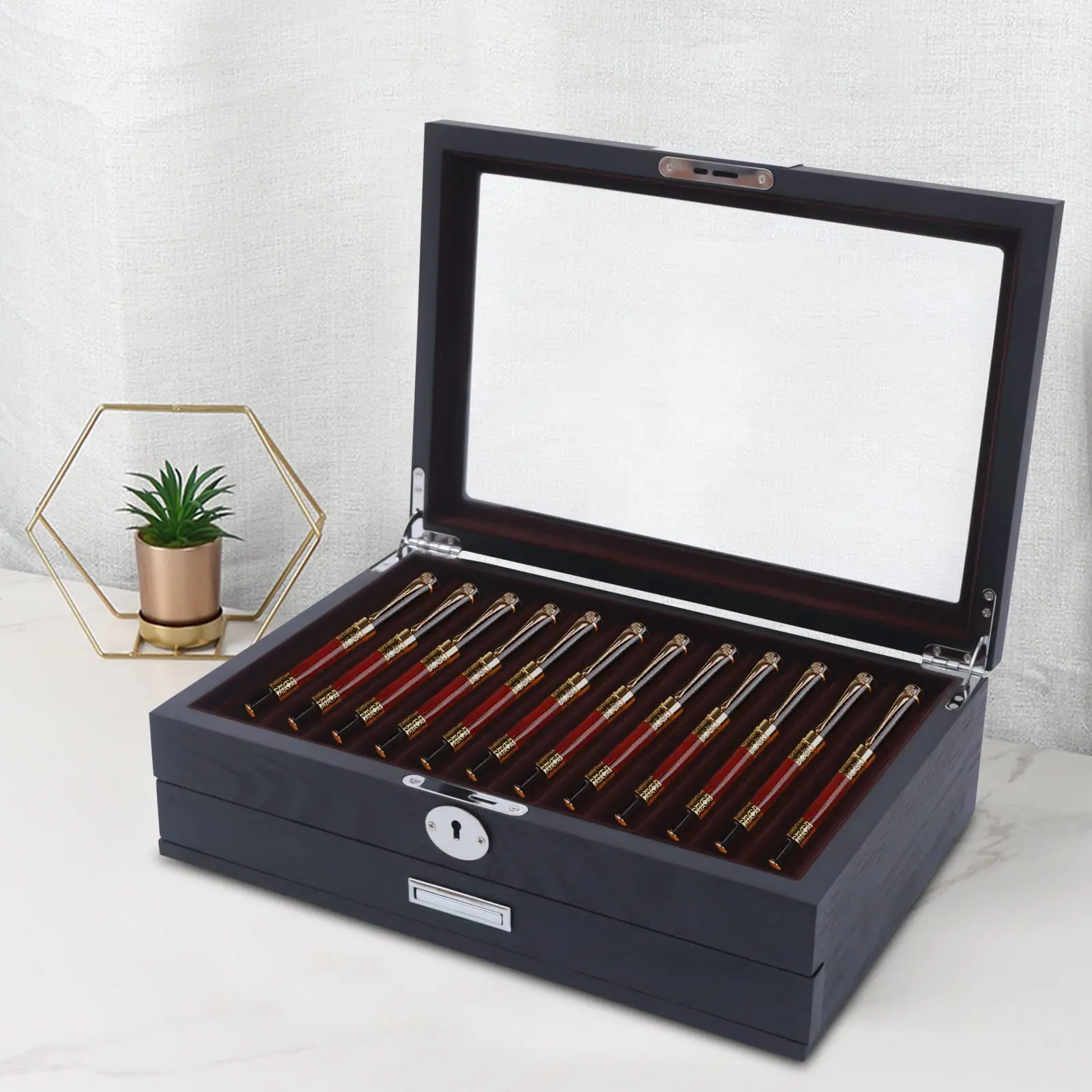 ปากกาไม้กล่อง, 12 Slot Fountain Pen Organizer กล่อง Key & Clear Window หรูหราปากกาคอลเลกชันสําหรับ Shop, บ้าน, Scho