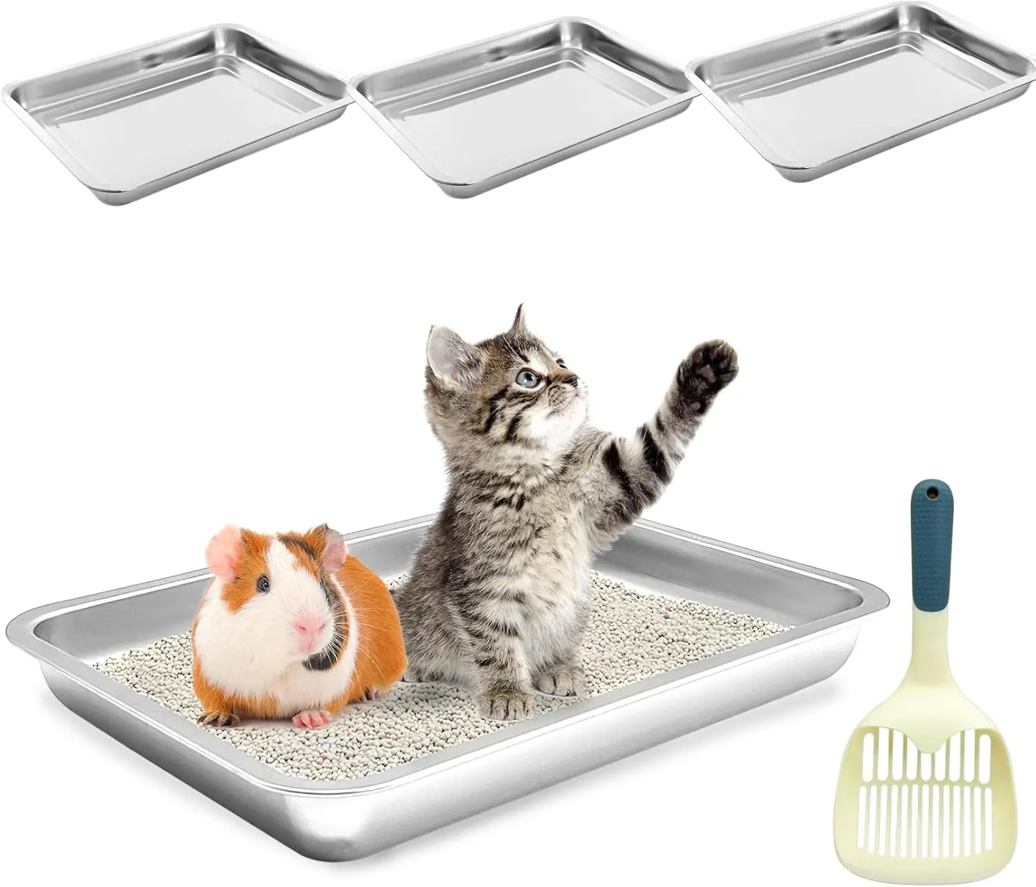 

4 шт. ящик для кошачьего туалета с низким входом из нержавеющей стали, антипригарный открытый верхний поднос для котят и маленьких домашних животных (15,7x11,8x1,9 дюйма)