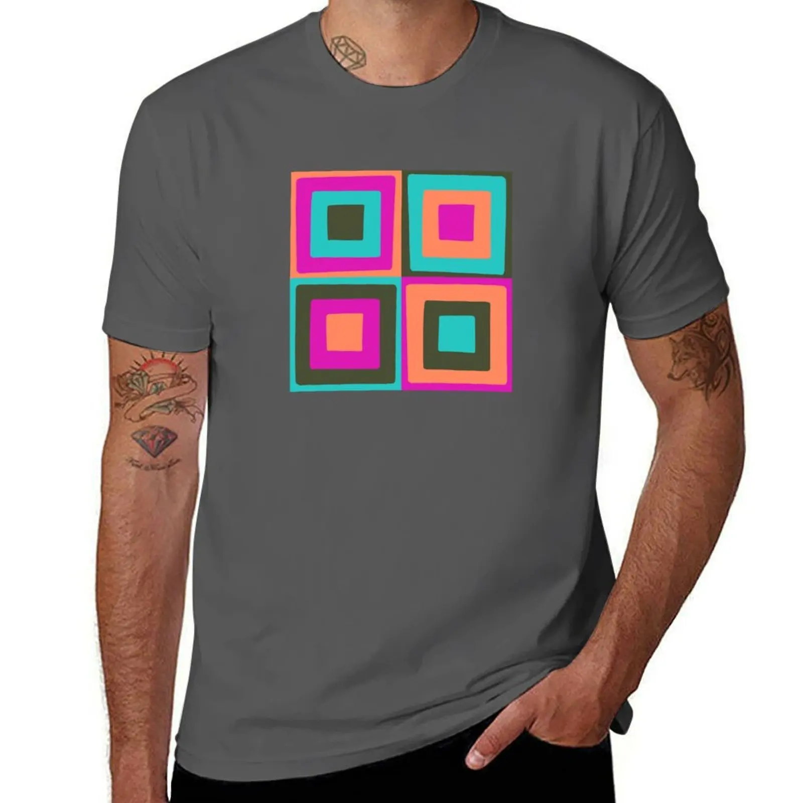 

Vibrant Mod Mid-Century Pod Geometric Squares T-Shirt Work Basic Short Sleeve Top