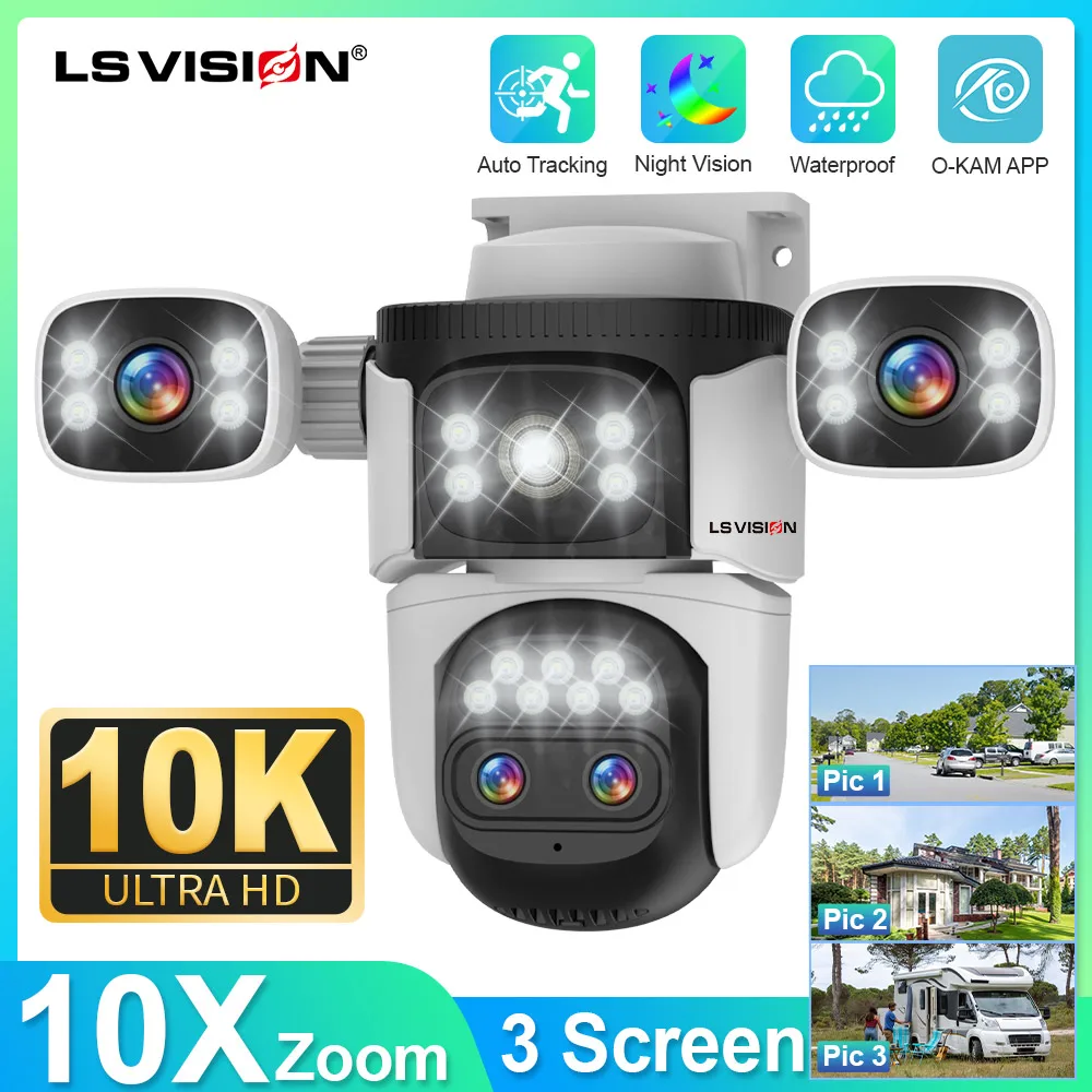 LS VISION 20MP 3*Screens Home Surveillance Wifi Camera 10X Zoom Outdoor Surveillance Camera Ip PTZ Auto Tracking Security Cctv