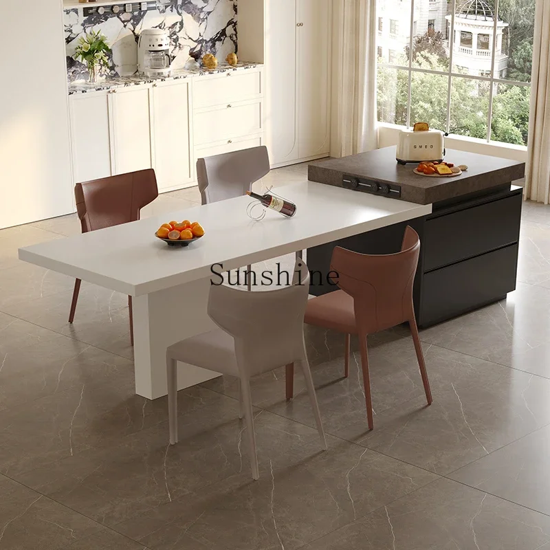 

Rock slab island dining table integrated household retractable kitchen living room advanced mobile small apartment