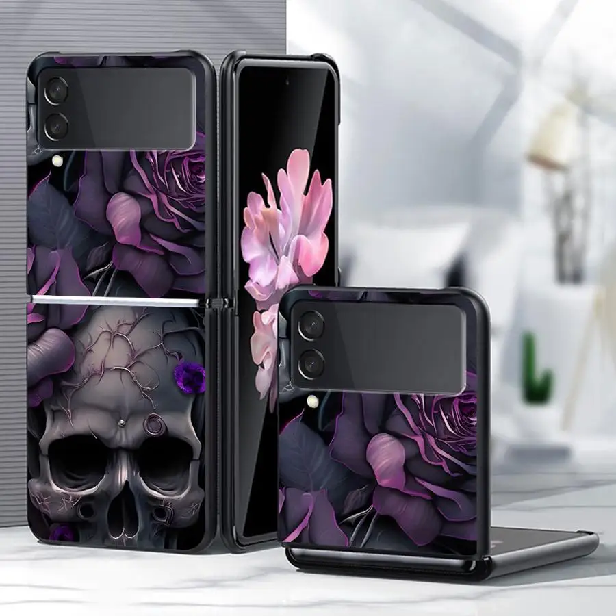 Phone Shell Funda Case for Samsung Galaxy Z Flip 8 Z Flip 7 6 5 4 3 Flip3 Flip7 FE Flip4 Flip5 Flip6 Purple Flower Skull