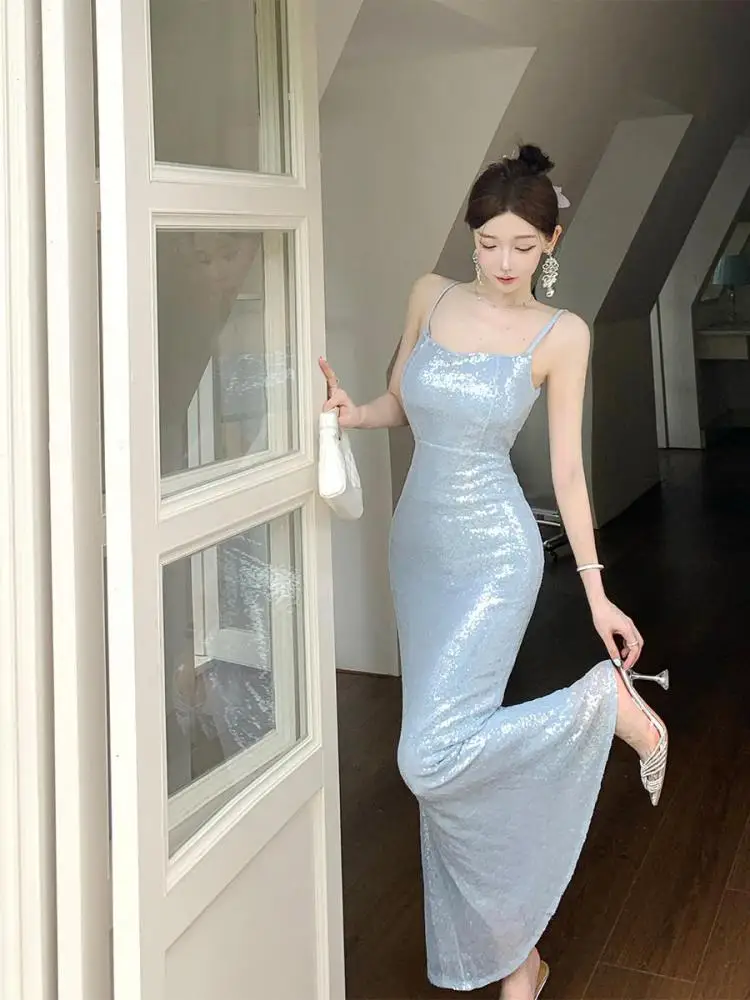 

French Summer Blue Sequined Sexy Club Slip Long Dress Women Slim Fashion Ladies High Waist Sleeveless Evening Party Dress Simple
