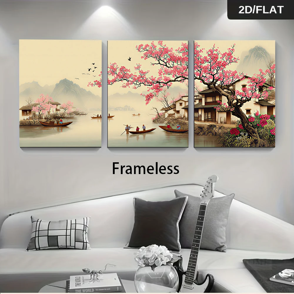 (3PCS Unframe)One set of frameless Chinese landscape triptych, featuring a 2D depiction of a Jiangnan water town.
