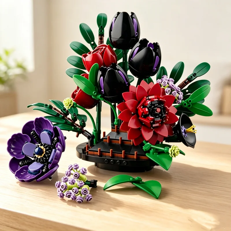 562-piece dark-toned bouquet building block set, realistic flower building block toy, home desktop decoration for adults