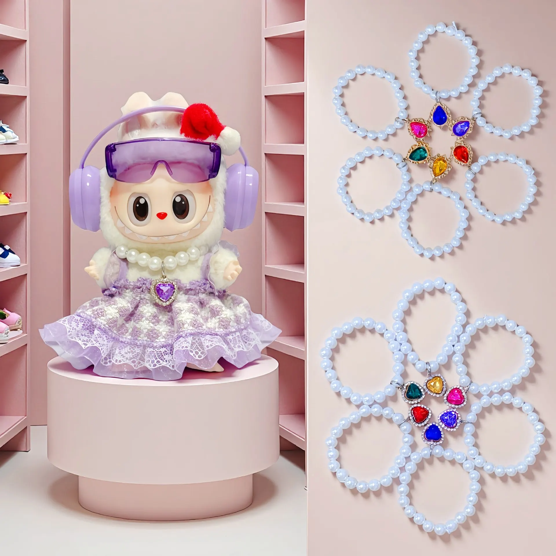 

Labubu Pearl & Teardrop Necklace Set, Little Bean Mei Mei KT West Highland Dog Collar Accessories for Vinyl Doll Jewelry Collect