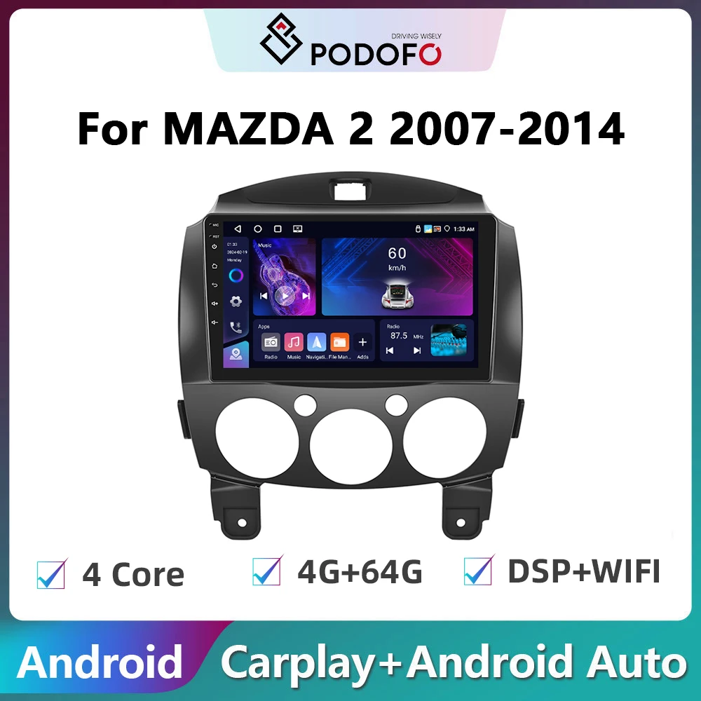 Podofo 2din Android Car Radio For MAZDA 2 2007-2014 Carplay Stereo Player Autoradio WIFI GPS Navigation FM/RDS Multimedia Player