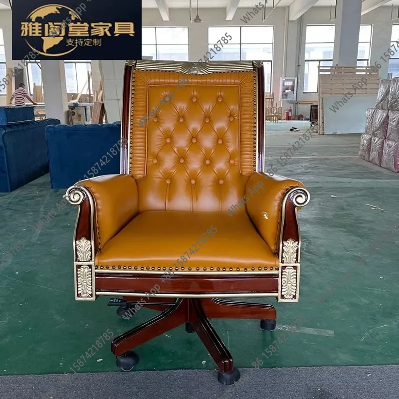 English solid wood leisure chair neoclassical leather swivel chair villa furniture book chair