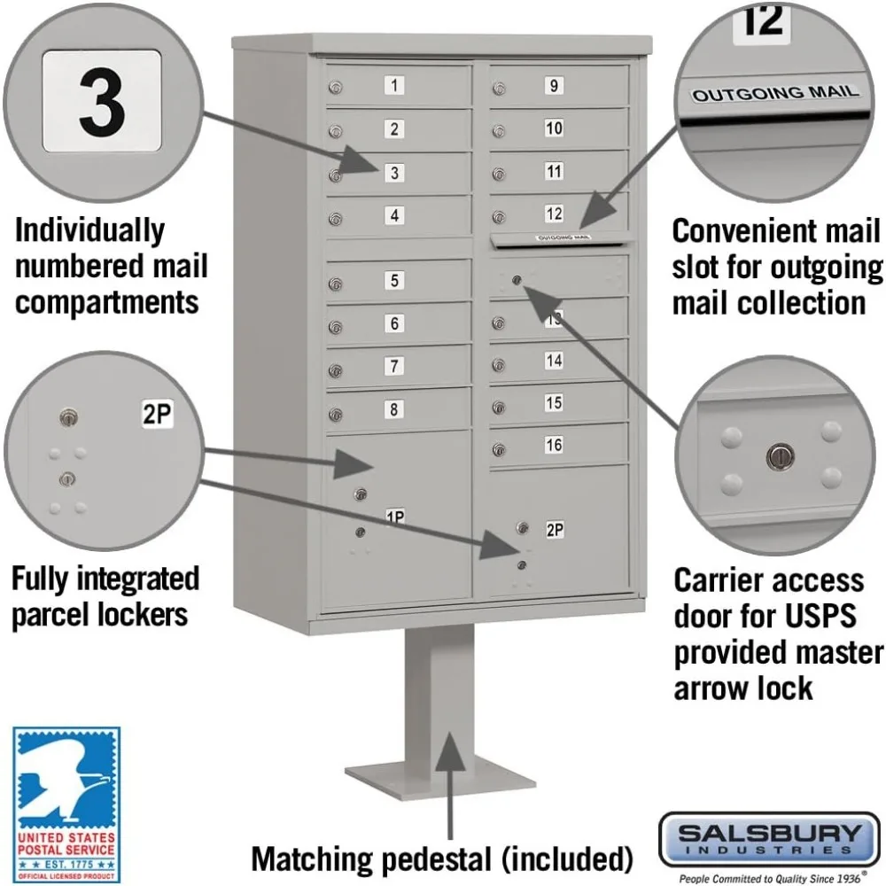 16 A Size Doors, USPS Access Type III Cluster Box Unit, Gray modern mailbox