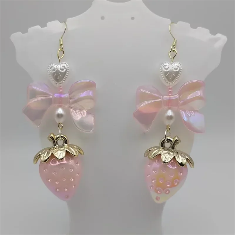 Pastel strawberry coquette cottagecore bow earrings pearl heart milky