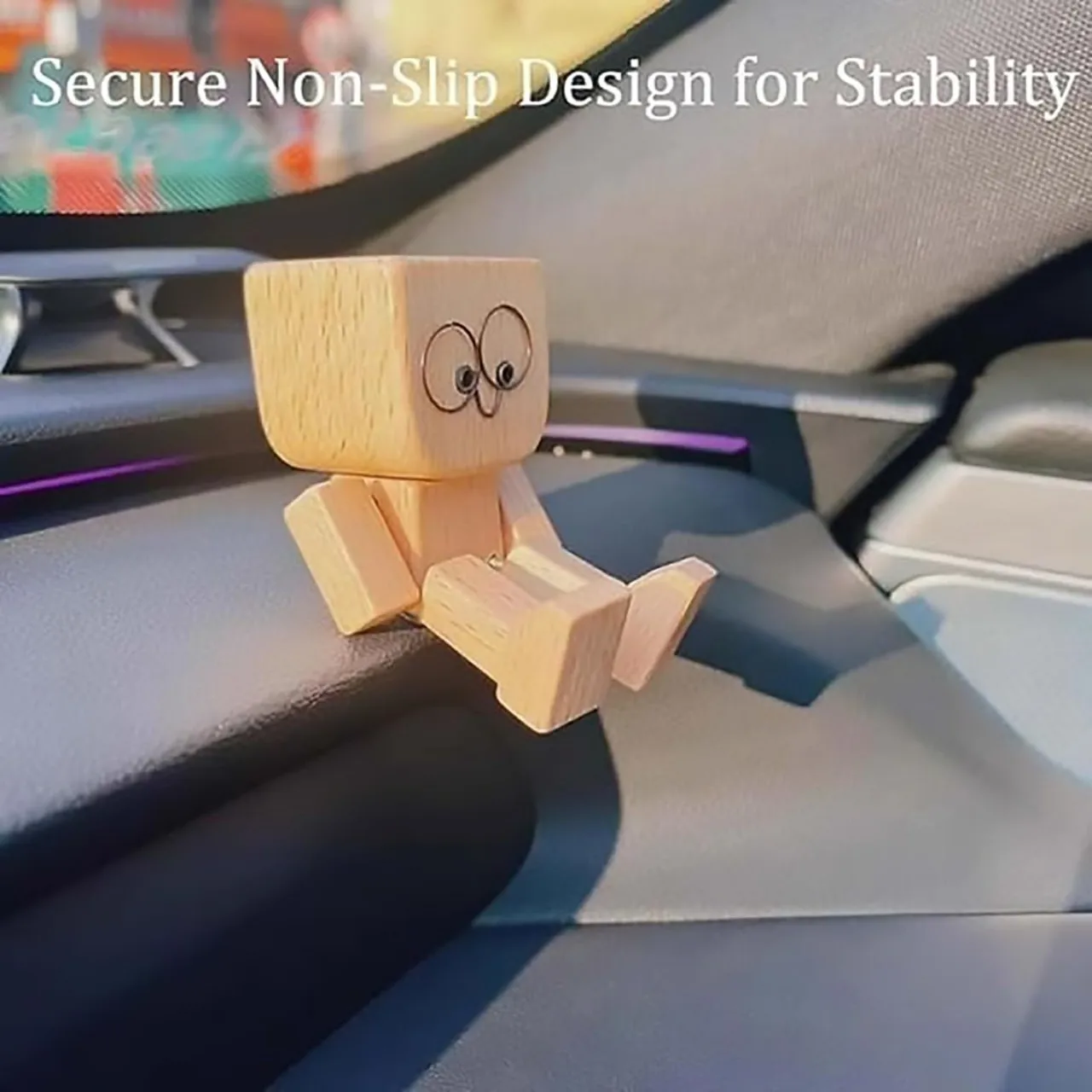 Cute Car Shaking Wooden Man Figurine Interior Wood Ornaments with 12 Magnetic Expressions Handmade Wooden Wiggle Ornament Gift