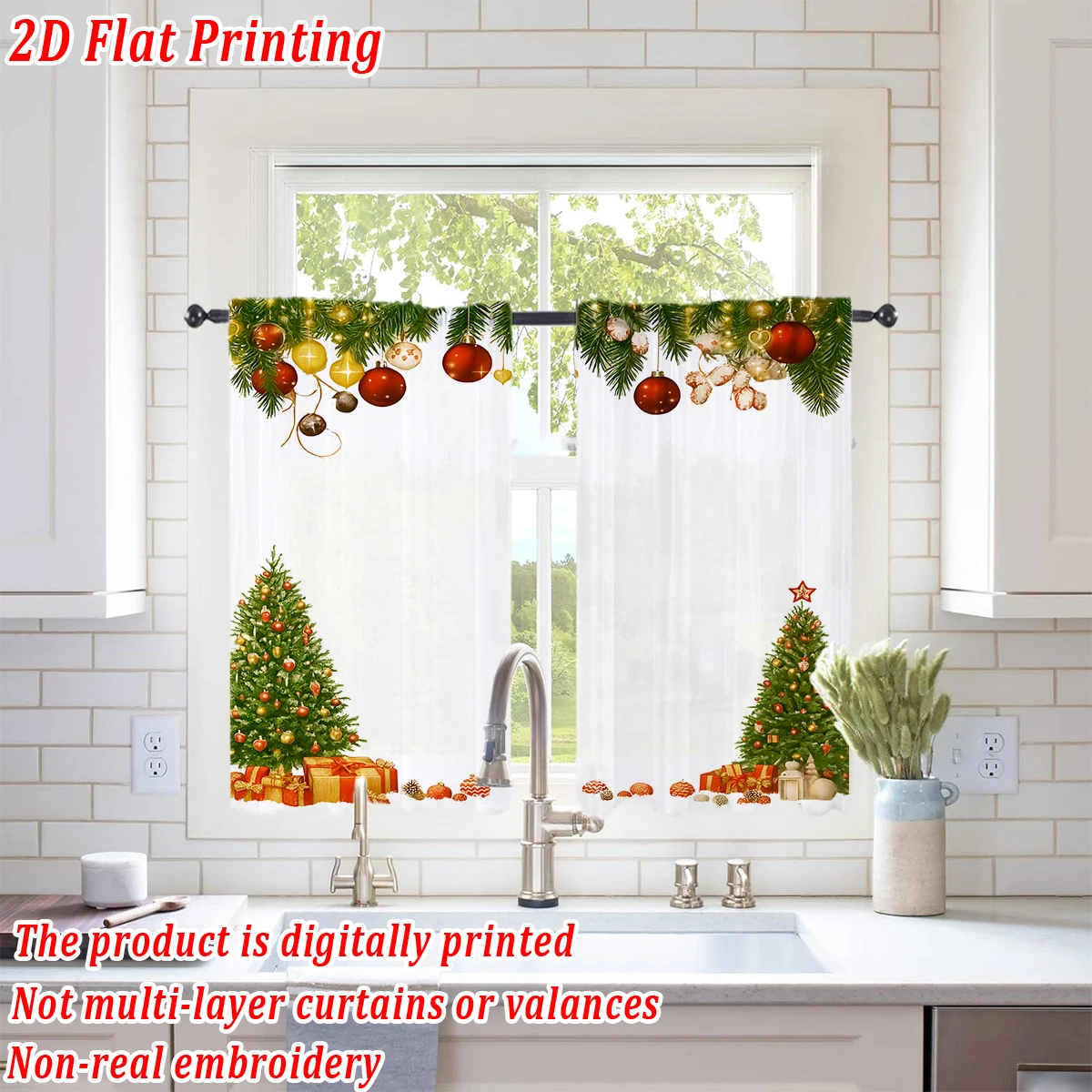 Christmas Flat Printing Kitchen Sheer Curtain with Christmas Trees Gift Box Pine Branch For Christmas Home Decor  Party