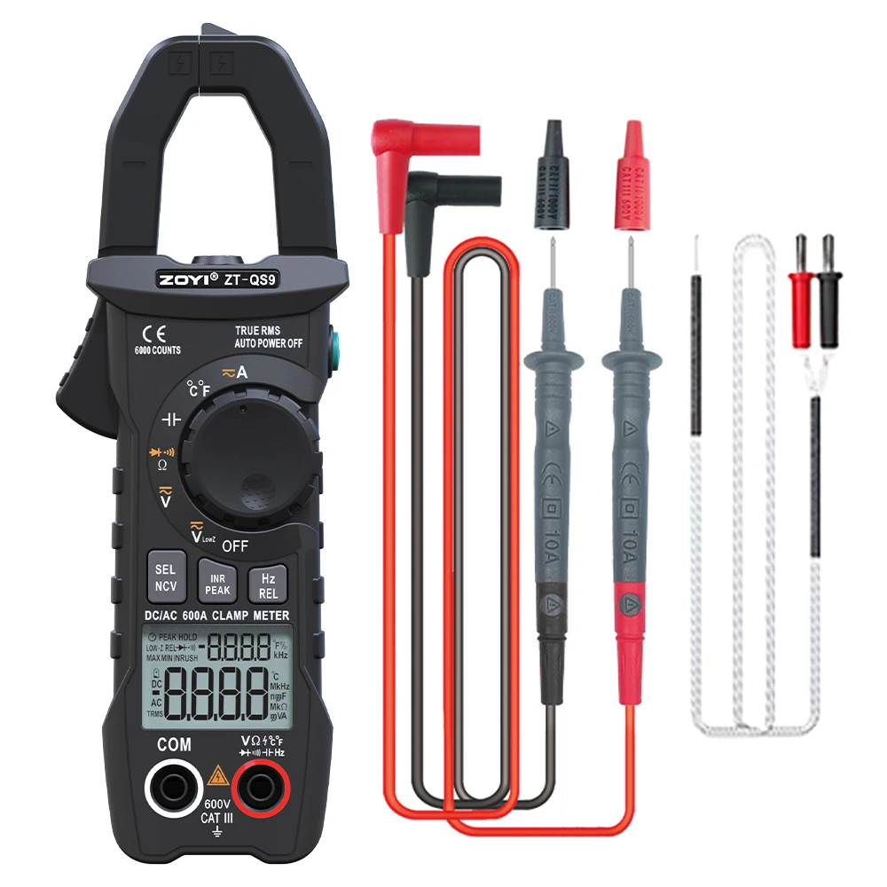 

Цифровые токоизмерительные клещи ZT-QS9 600А True RMS, интеллектуальный амперметр-мультиметр с автоматическим выбором диапазона, 6000 измерений, с функциями измерения напряжения DC/AC, частоты и сопротивления (Ом)