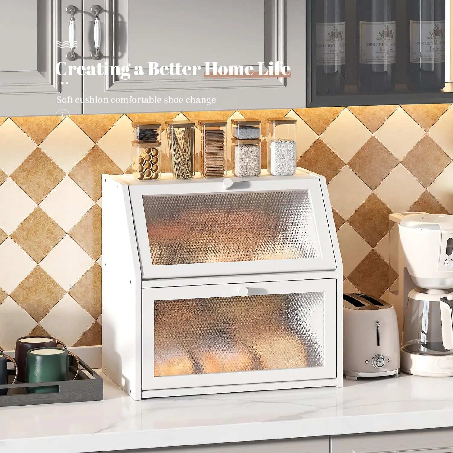 صندوق خبز كبير جدًا بطبقة مزدوجة مع نوافذ بنمط ماسي، حاوية تخزين للمطبخ باللون الأبيض