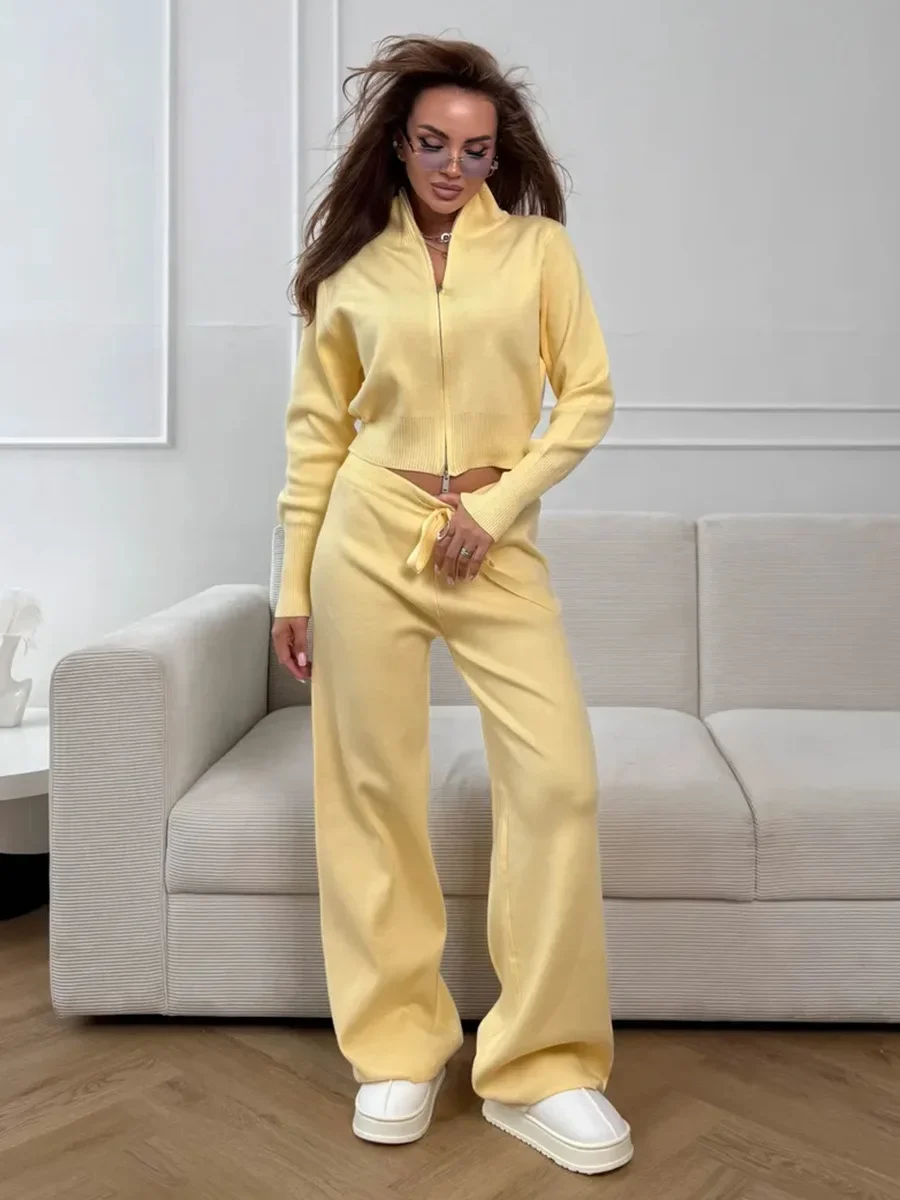 Wolfeel Set Celana Rajut Ritsleting Musim Gugur Musim Dingin Baru Celana Kardigan Slim Fit Trendi Wanita Pakaian Sweater Komuter Chic