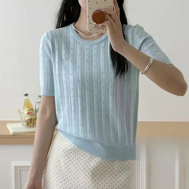 shintimes Short Sleeve Knitted T-shirt For Women O Neck Solid Pullover Tops Female Hollow Out Fashion Thin Tshirts Summer