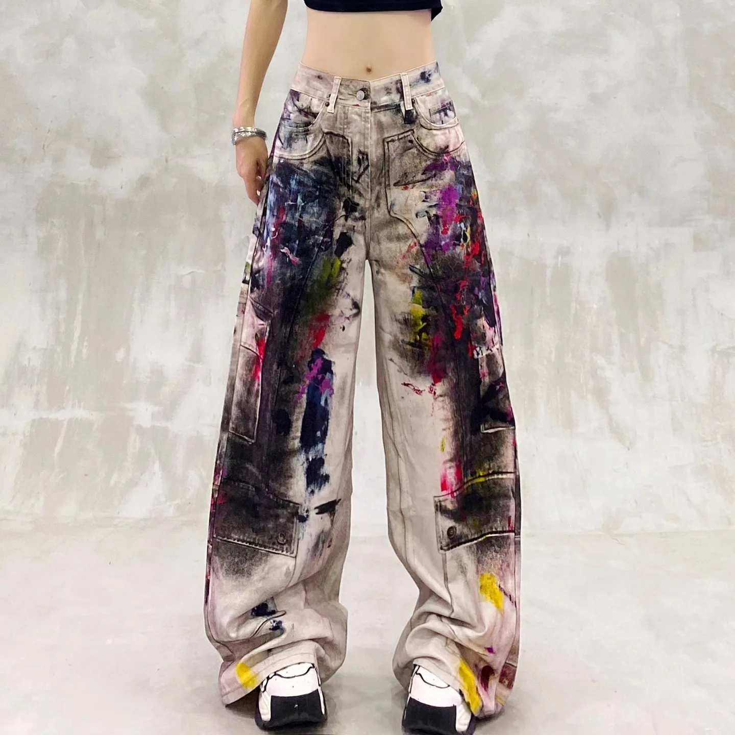 Y2k Jeans Ladies Cool Painted Graffiti With High Waist and Loose Fit Torn Jeans for Woman Women's Denim Pants Coquette Jean Pant