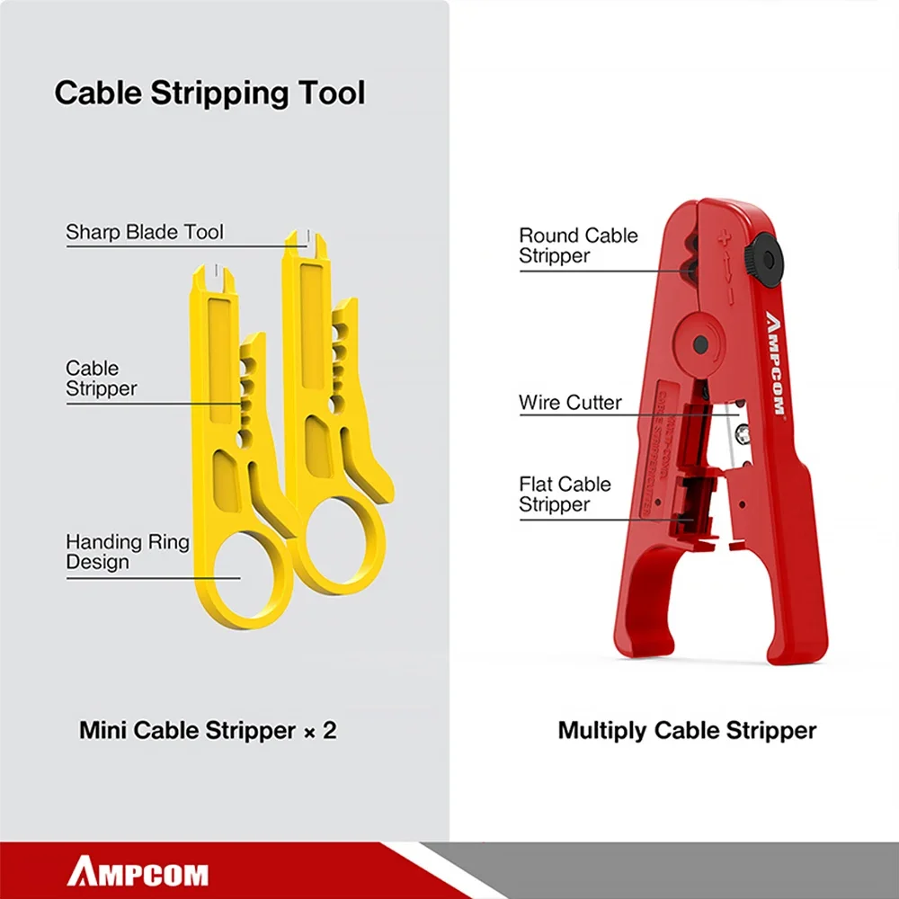 Ferramenta de crimper ampcom rj45, kit de ferramentas de testador lan define descascador de cabo ethernet ferramenta de perfuração rj 45 rj11 conectores descascador de fio