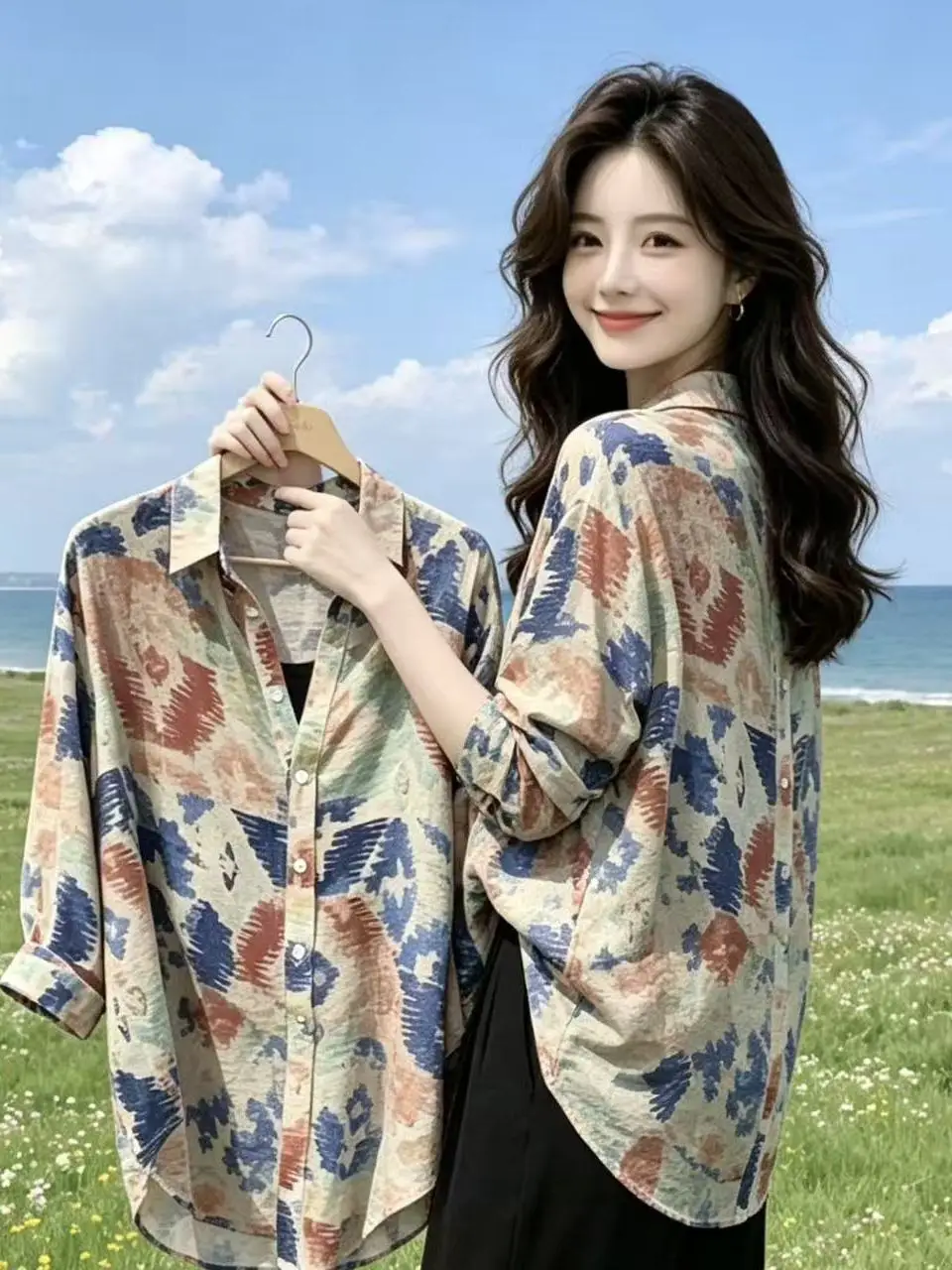 Spring 2026 Floral Print Loose Long Sleeve Women's Shirt Fashionable Versatile Slimming Hong Kong Style Sun Protection Top