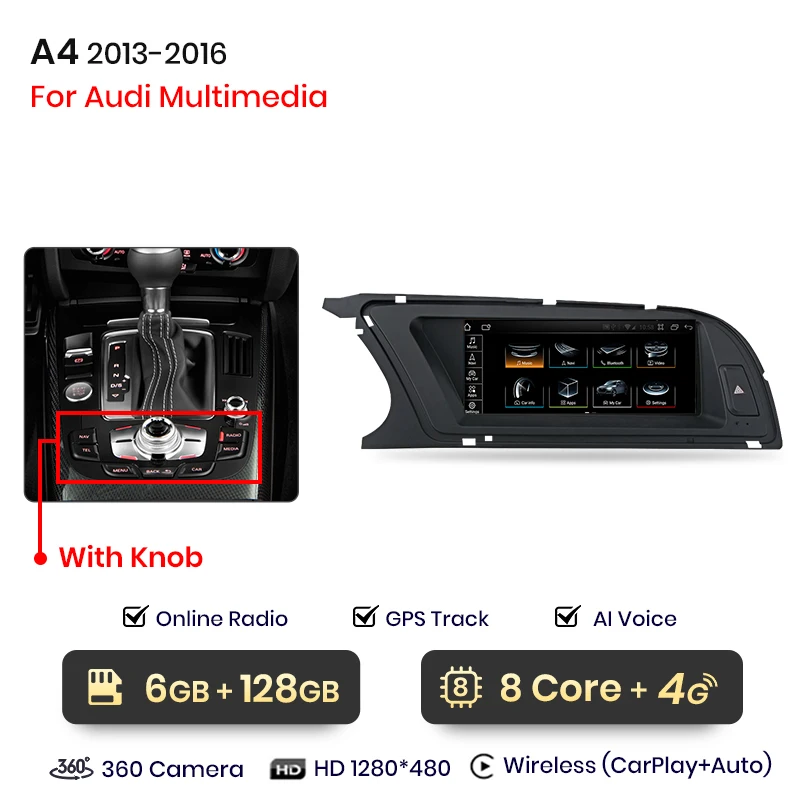 Junsun 8.8 Inch Carplay Voor Apple Car Radio Multimedia Voor Audi A4 A4l B8 2009-2016 4G Bluetooth Draadloze Android Auto Stereo