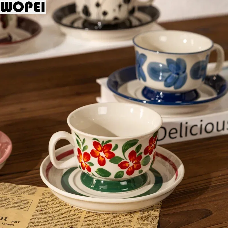 Ink Flowers Pattern Ceramic Cup&saucer Dining Table Gold-plated Coffee Mug Milk Tea Cup Afternoon Tea Teacup Juice Container