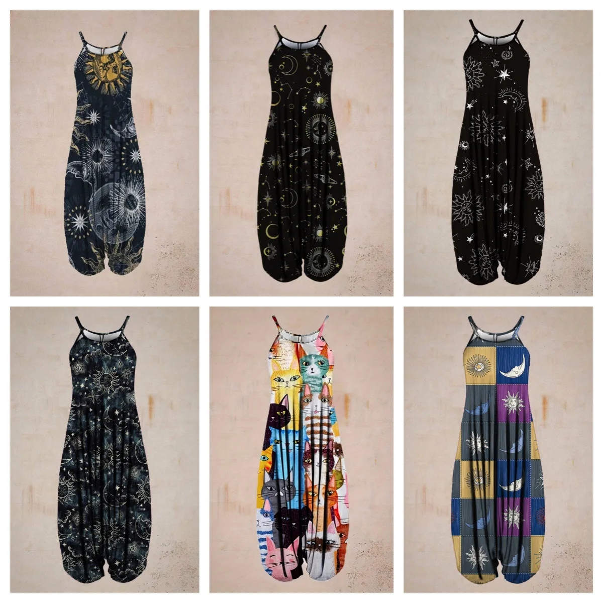 

New women's printed Harlan crotch jumpsuit sleeveless suspender spring and summer wide leg gradual change