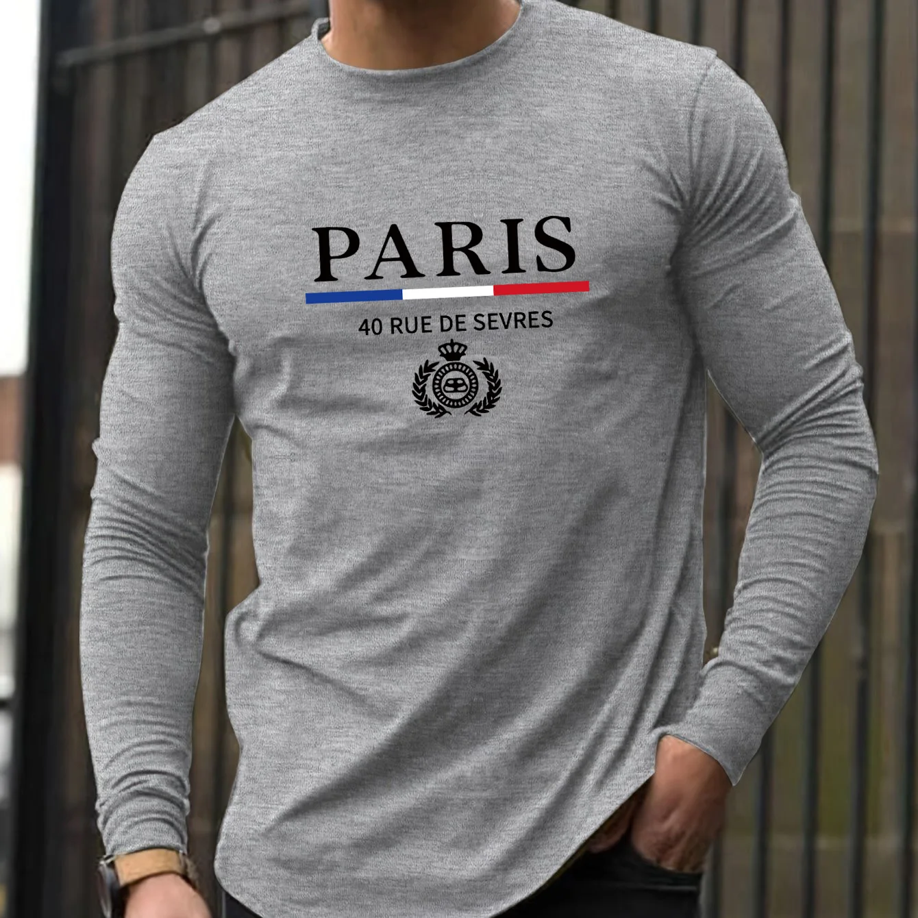 Hot Selling Men's Loose And Comfortable Sports And Leisure Paris Pattern Printed Round Neck Long Sleeved T-shirt Top