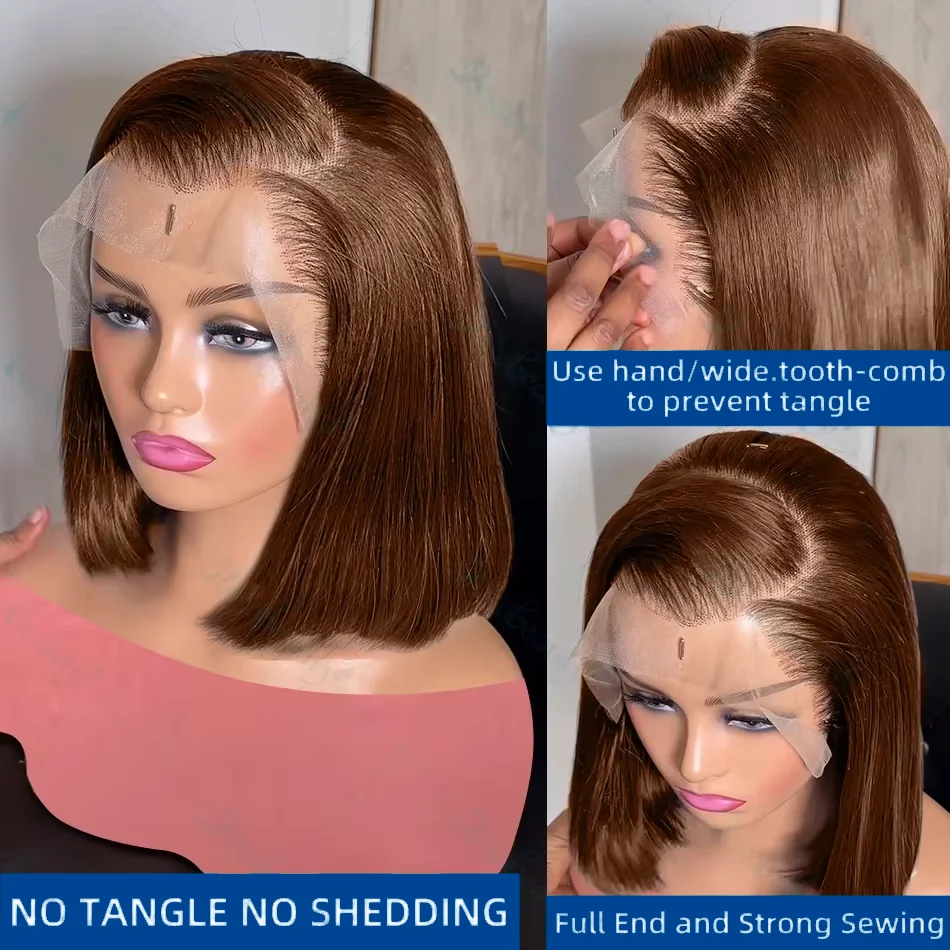 13x4 Lace Front Bob Wigs Human Hair Chocolate Brown Straight Bob Wigs 200% Full Density Transparent Lace Frontal Wigs For Women image 3