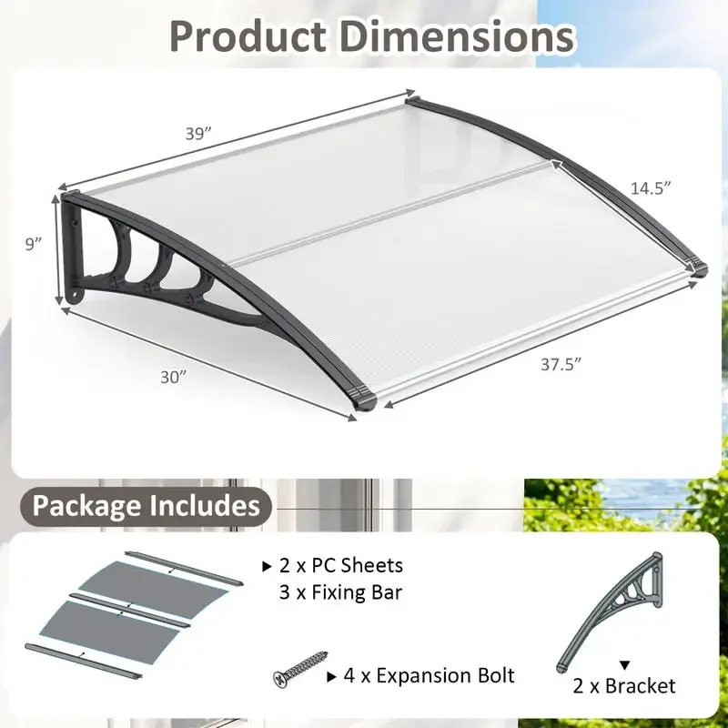 

39 x 30 Inch Outdoor Front Door Window Awning Door Canopy Exterior-Gray